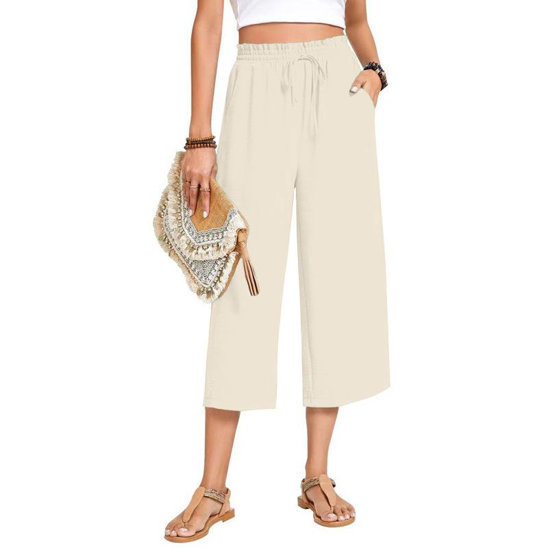 Women's High Waist Wide Leg Pants with Drawstring Elastic Waist in Multiple Colors