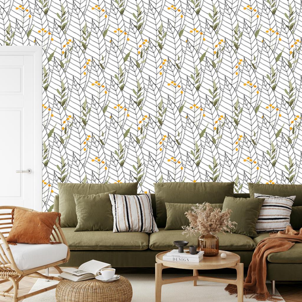White Leaves with Flowers Wallpaper for Living Room and Bedroom 50x1000