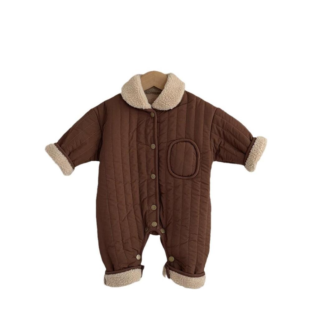 Coffee-Colored Fleece-Lined Baby Romper: Trendy Padded Cotton Jumpsuit for Boys/Girls