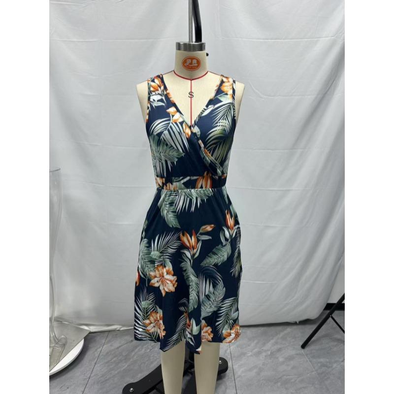 Fashion Elegant V-Neck Sleeveless Printed Dress Spring Summer Pockets Women Casual Simple A-line Party Dresses Female Sweet Office Loose Clothing