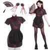 [Divine Quality] Black Cheongsam Girl Costume with Bun Cover, 4-Piece Set, Chinese Style, Sexy, Cute, and Cute, for Women (Black, Size L)