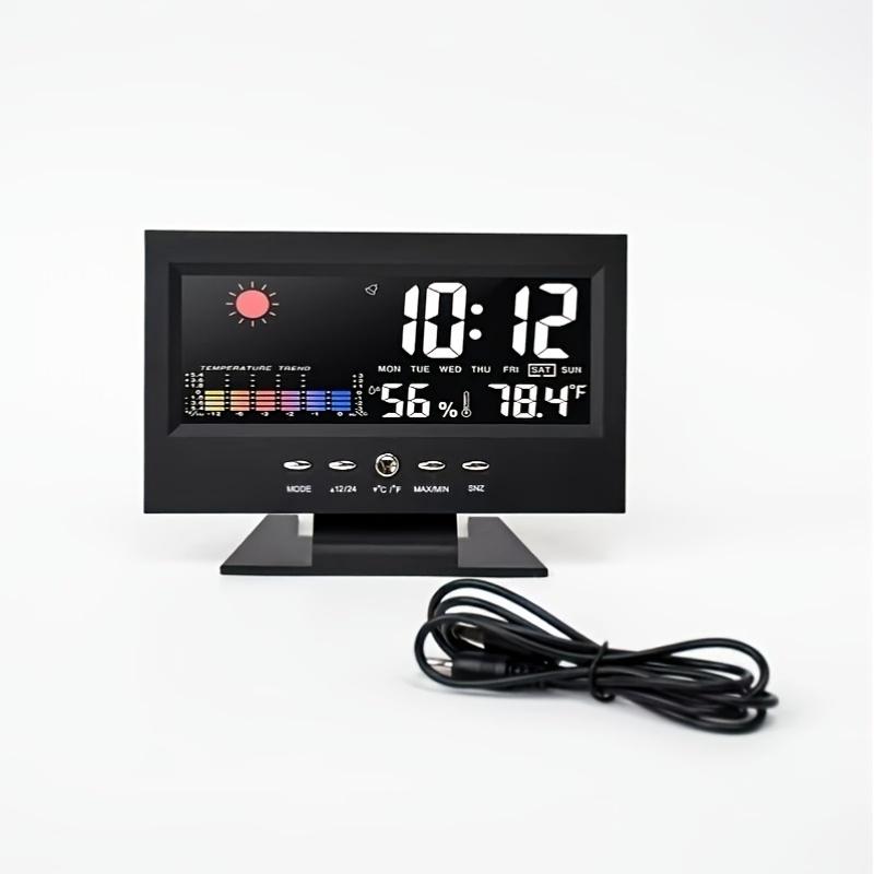 

Большой дисплей с подсветкой, Цифровые часы, Метеостанция с голосовым управлением, 12/24-часовой формат, Прогноз погоды, Питание от USB