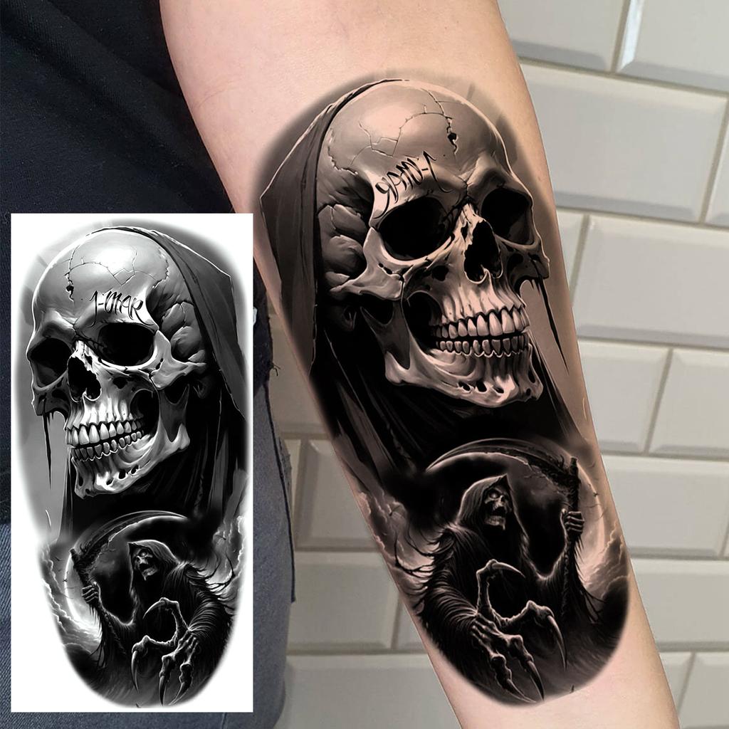 1 Blatt Gruseliger Sensenmann Totenkopf Temporäre Tattoos Halloween Tattoos Langlebig Wasserdicht Tiger Wolf Bestie Fake Tattoo Aufkleber