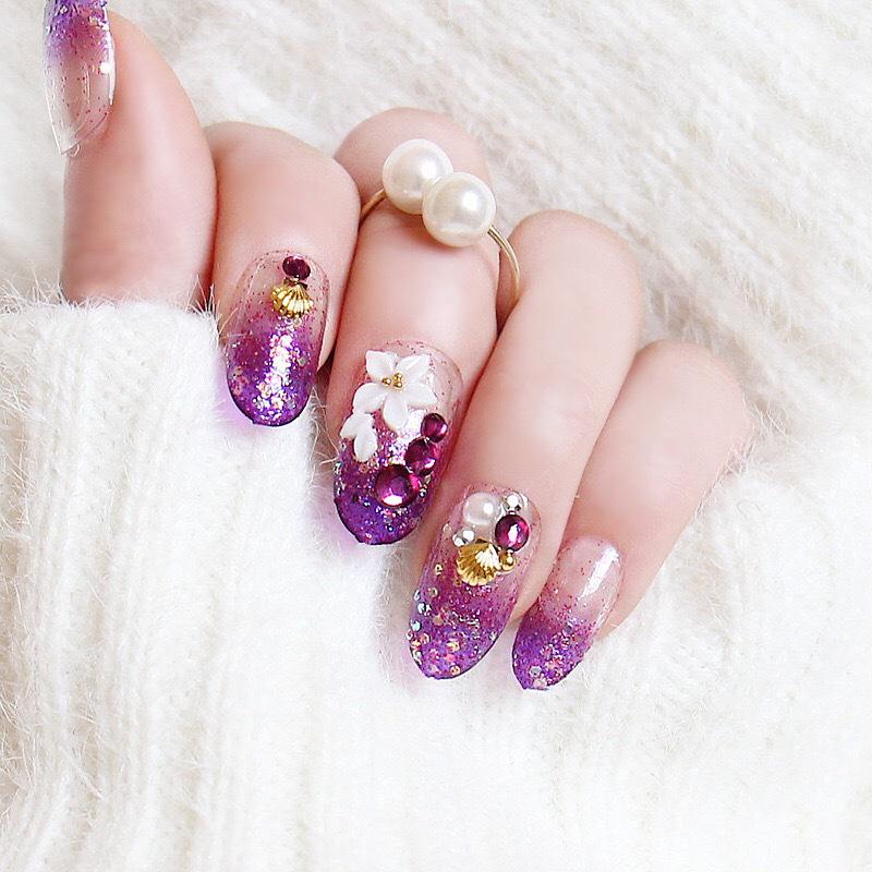 

Фиолетовые ногти-наклейки с ракушками - Готовые к носке наклейки для нейл-арта