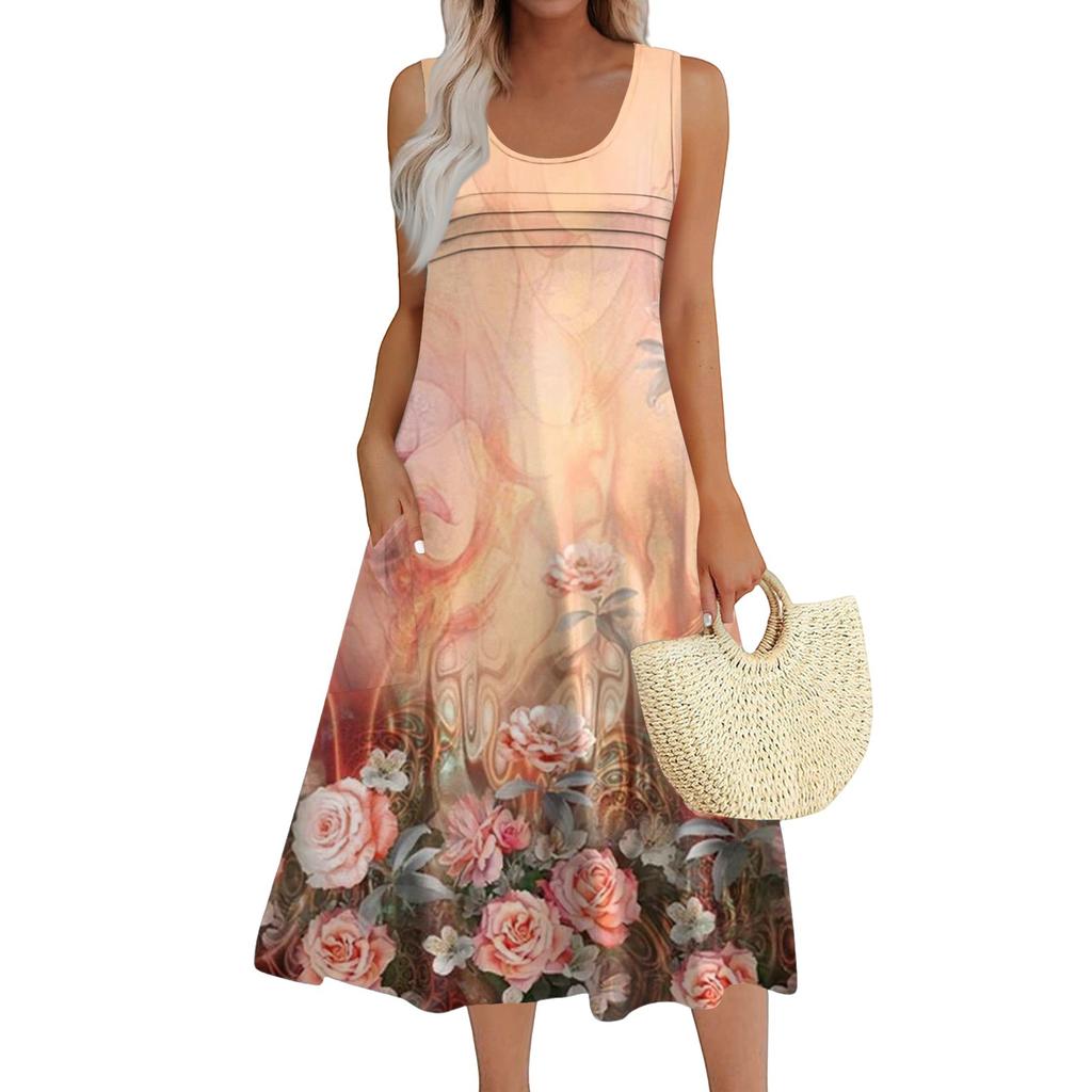 Women's Fashion Round Neck Sleeveless Pleated Beach Dress With Pockets Long Floral Dresses