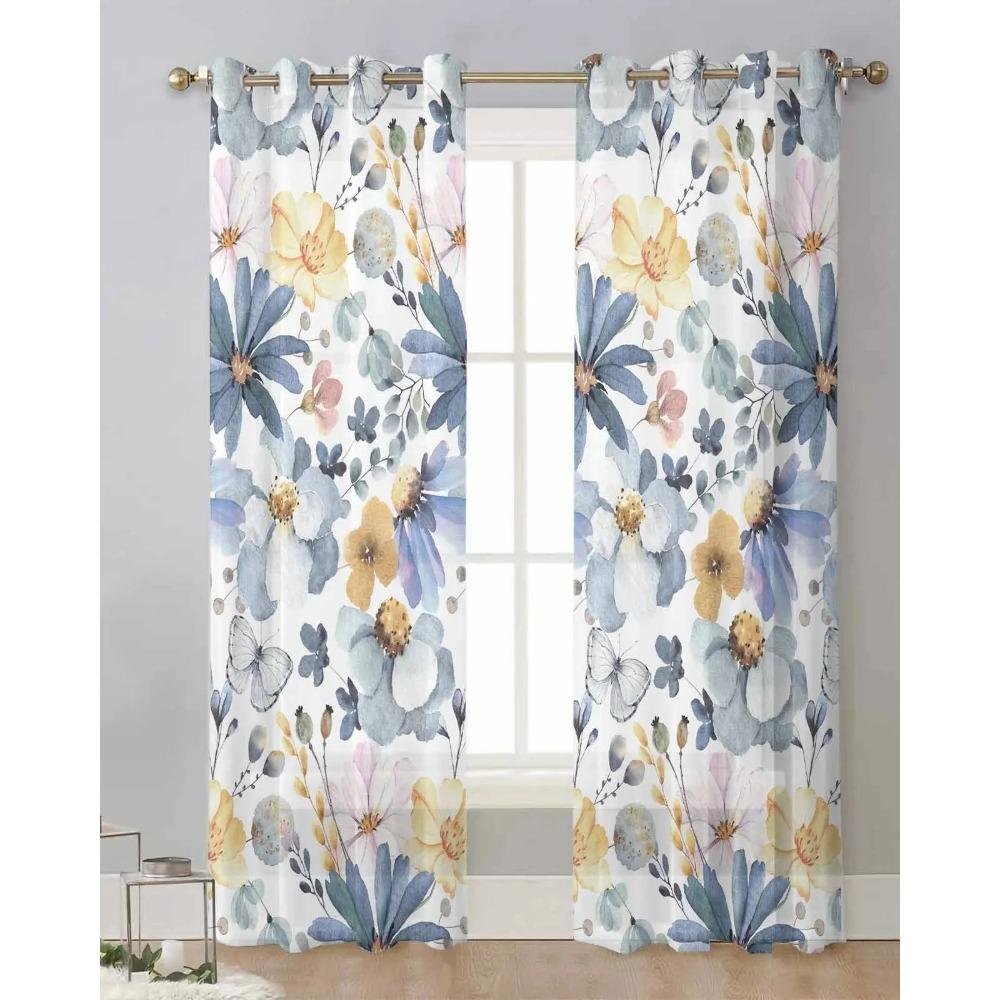 Watercolour Leaves Plants Flowers Butterflies Translucent Drapes Living Room Window Opening Clear Voile Tulle Drape Curtains Home Decor