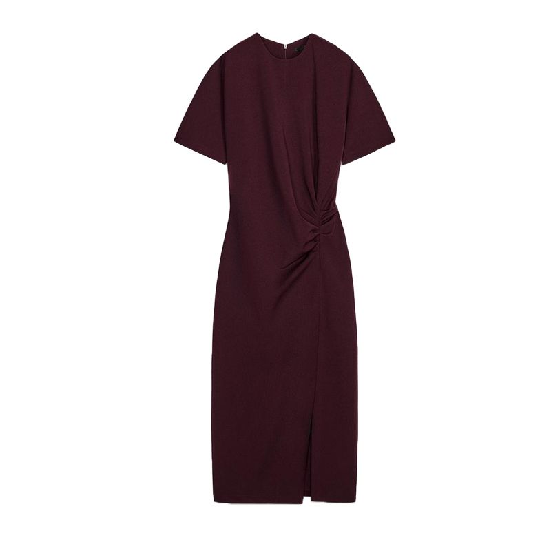 Spring New Women's Clothing Simple European and American Style Long Ruched Midi Skirt Short Sleeve Round Neck Dress 1058153