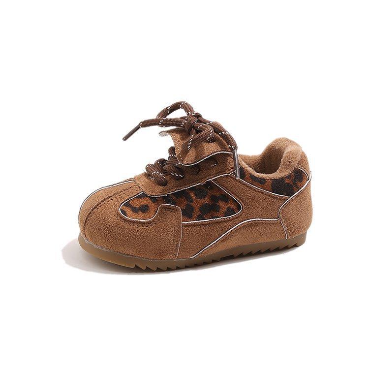 Children's retro leopard print training shoes 2025 winter new girls velvet casual shoes boys two cotton sports shoes