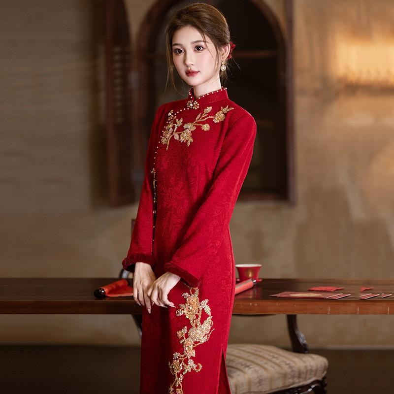 Womens Red Knit Jacquard Winter Cheongsam Dress VintageStyle Long Sleeve Formal Gown Wedding Banquet