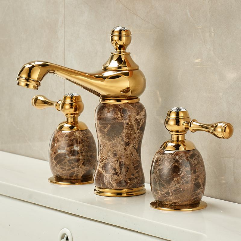 Basin Faucet Gold Brass Jade Bathroom Sink Faucet 3 Hole Widespread Basin Mixer Double Handle Hot And Cold Water Tap New Arrival