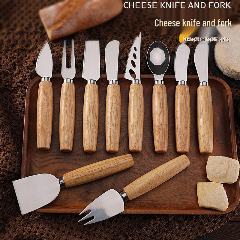 Rubber Wood & Stainless Steel Cheese Knife Set - Western Tableware with Knife, Fork, and Spoon