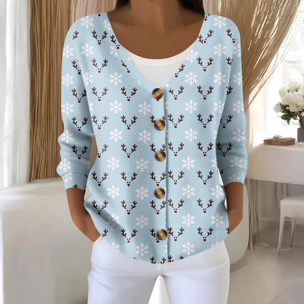 Women's Fashion Long Sleeve Christmas Snowman Snowflake Print Jacket Cardigan