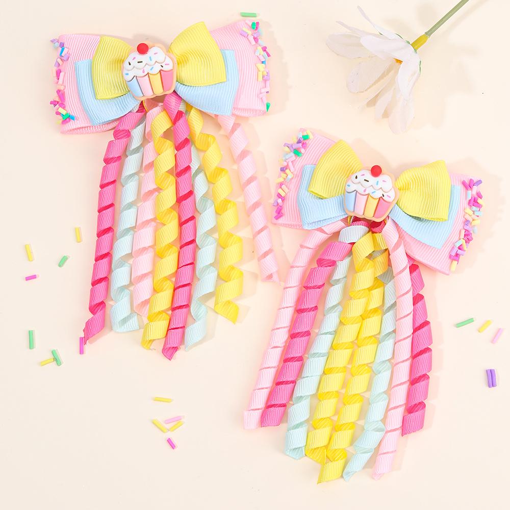 

2 шт. Милая десертная заколка для волос с кисточкой из ленты и кудрявым бантом для девочек, заколка-автомат для хвостика, детские школьные аксессуары для головного убора