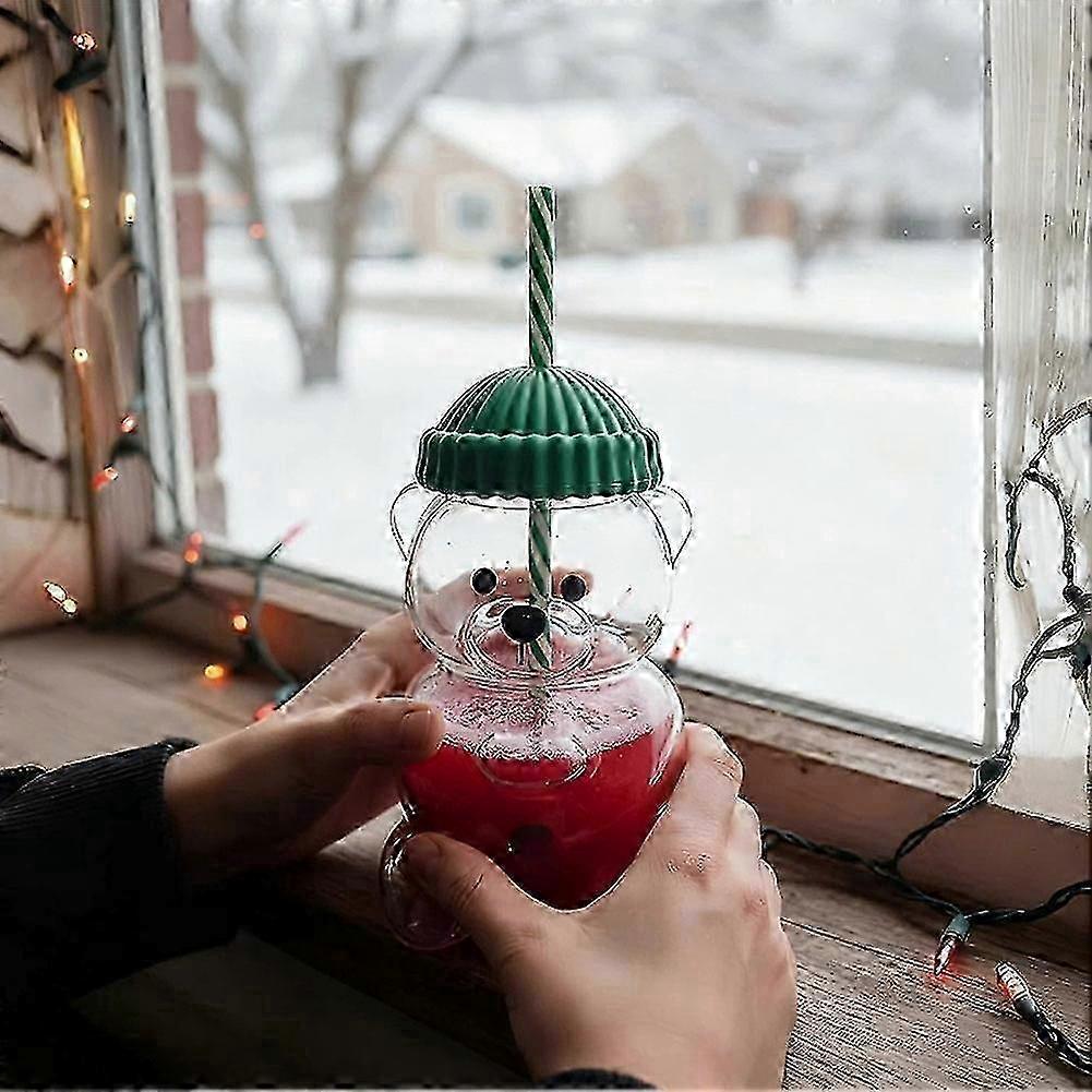 Christmas Bear Sippy Cup with Lid & Straw, Cute Bear Mug Glass Tumbler for Milk, Smoothies & Holiday Drinks