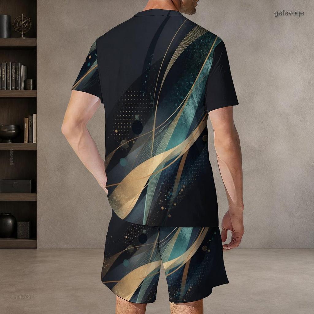 Men Plus Size Colorful Printed Round Neck Short Sleeve T Shirt Drawstring Pocket Shorts Two Piece Set