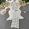 Casual Striped Crew-Neck Sleeveless Knit Top and High-Waisted Slimming Bodycon Midi Skirt Sets Summer Knitted Two Piece Sets for Women