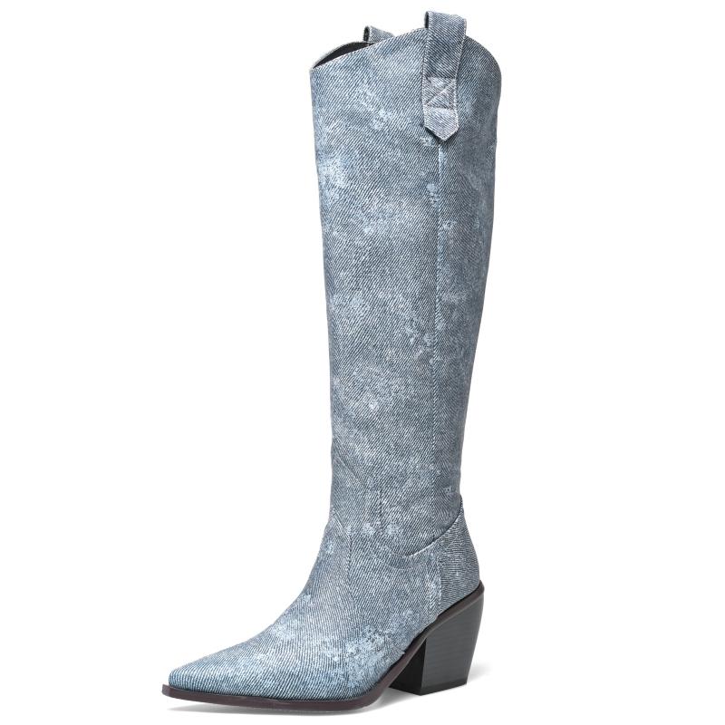 Western Women's Knee High Boots Genuine Leather Silver Cowboy Boot Pointed Wedges Heel Party Winter Shoes Ladies Big Size Brand