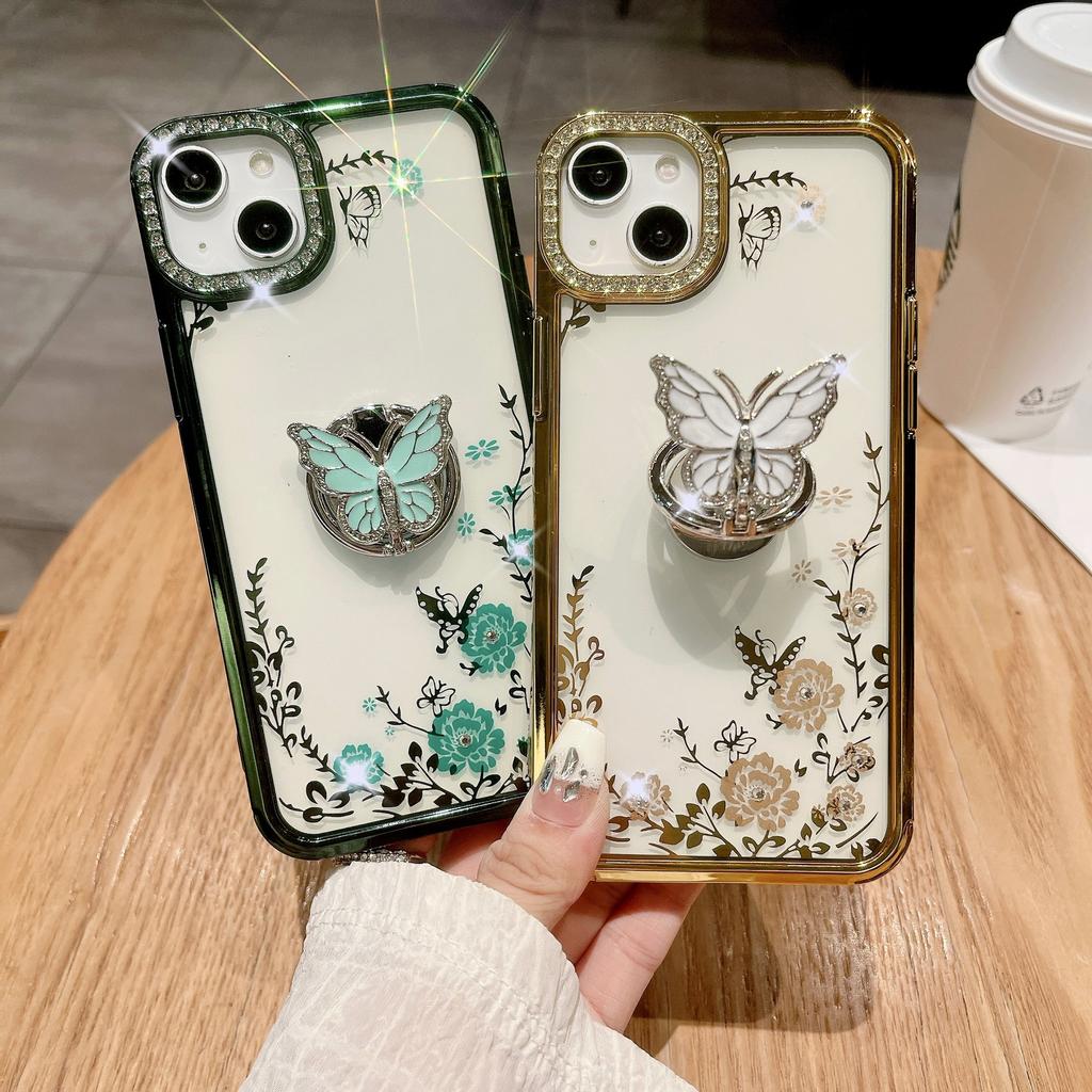 Applicable To Apple 15ProMax Phone Case, IPhone14 Electroplated Butterfly Ring Stand, Lens Flash Diamond Protective Case