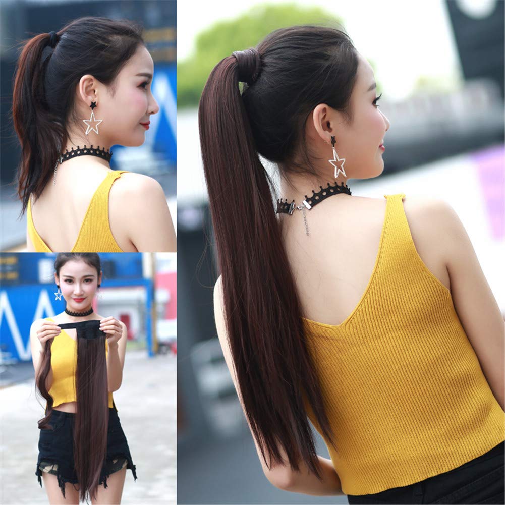 Remeehi Ponytail Velcro Heat Resistant Point Long Neckline Easy To Hair Natural Black Wig, Straight, Women's, Ponytail, Wig, Wig, Fluffy, Hair,