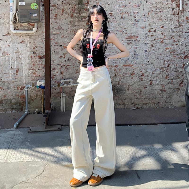 

Muxin Women s High-Waisted Wide-Leg Off-White Jeans with Split Design XS