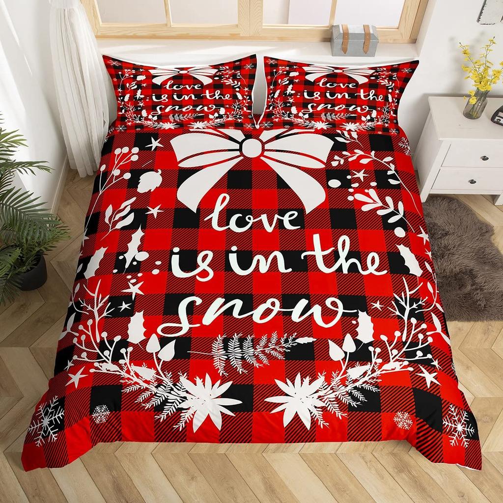 Merry Christmas Duvet Cover Set,Red Buffalo Checked Rustic Truck Comforter Cover,Plaid Xmas Tree Elk Deer Snowflake Bedding Sets