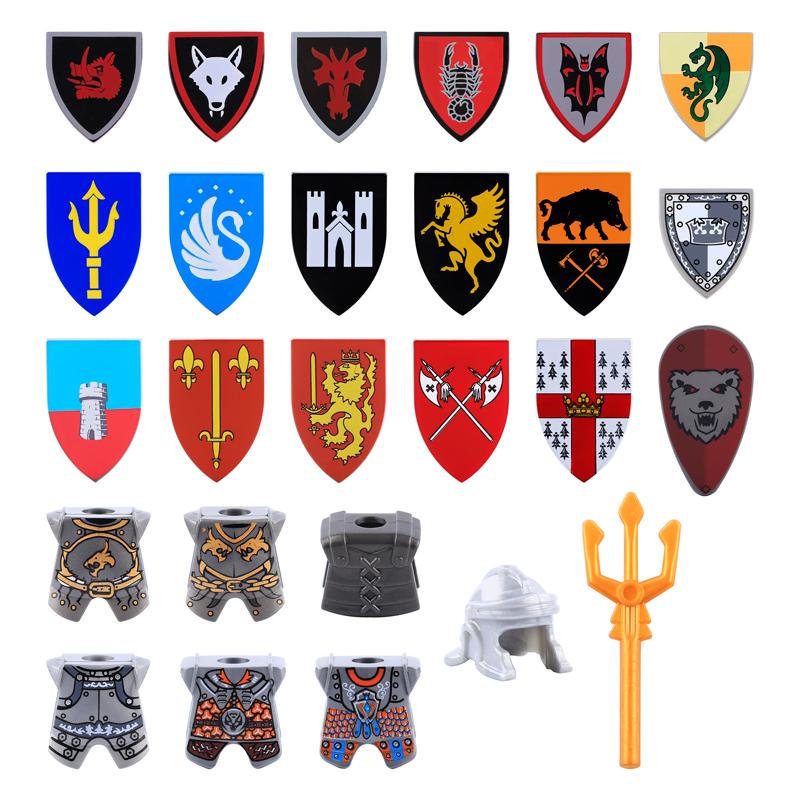 MOC Medieval Military Castle Weapon Roman Knight Helmet Shield Accessories Building Blocks Green Dragon Lion Crusader Bricks Toy