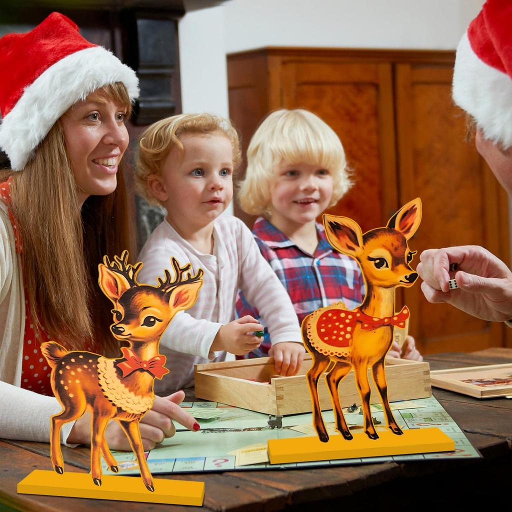 4pcs Vintage Christmas Decorations Table Wooden Centerpieces Christmas Theme Retro Sika Deer Table Decorations Tiered Tray Decor for Winter Holiday