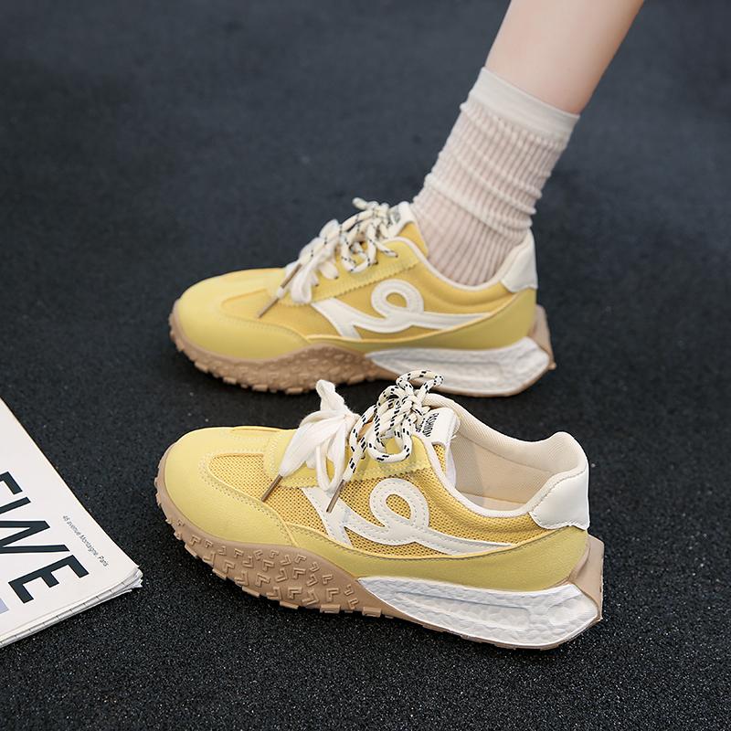 

Fashion 2025 Fashion Sneakers Women Suede Leather Mixed Colors Lace-up Round Toe Sliver Flats Ladies Vulcanize Shoes 656 40 жёлтый