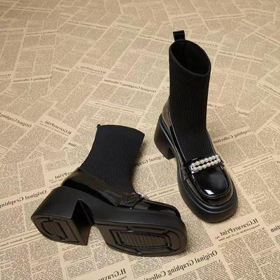 Thick-soled Martin Boots Women's Small Thin Boots High-heeled Pearl Thick-heeled Elastic Boots Autumn and Winter Wear Fashion and Leisure