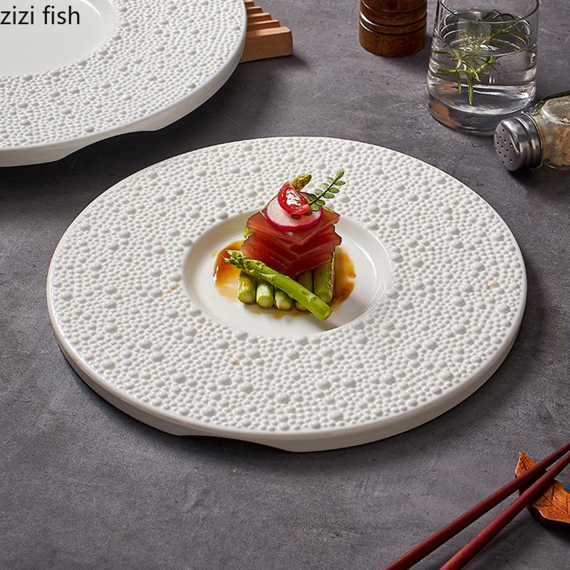 White Pearl Dot Ceramic Round Flat Plate Dessert Plate Sushi Plate Steak Plates Restaurant Molecular Cooking Creative Tableware