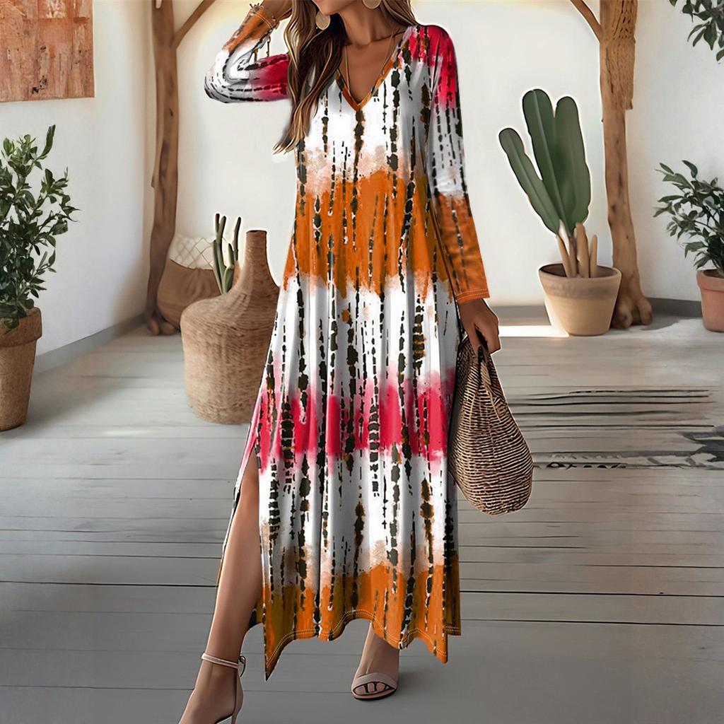 Women's Casual And Fashionable Long Sleeved V-neck Snowflake Print Dress