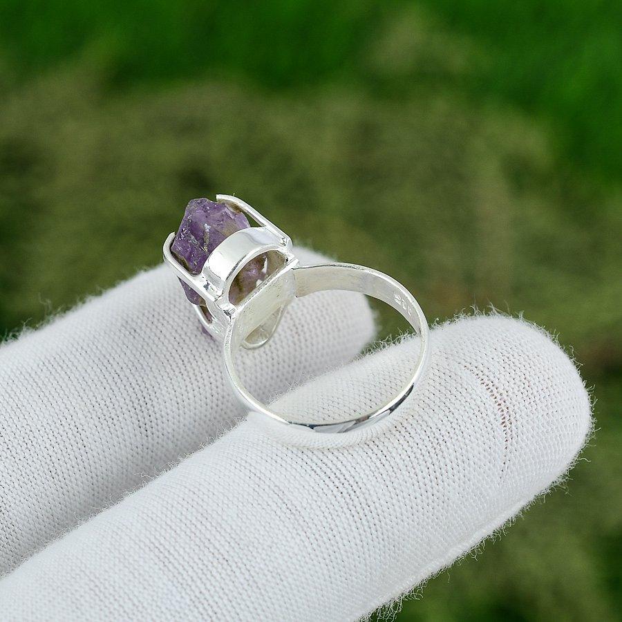 Birthday Gift For Her Natural Amethyst Rough Statement Ring Size 7.5 925 Silver
