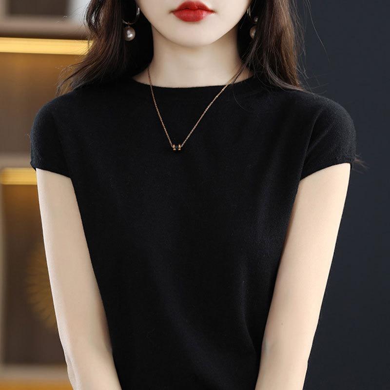 Women Green Crew Neck Cap Sleeve Solid Color Casual Knit T Shirt