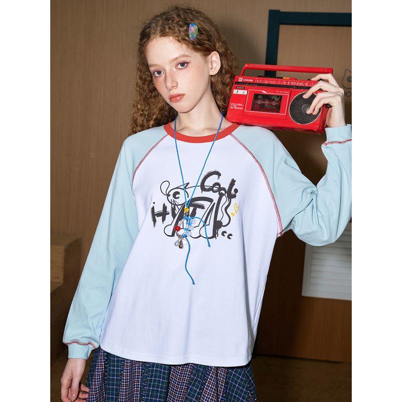 Coolhut Letter Print Raglan Long-Sleeve Patchwork Color-Blocked 2026 Spring Women's T-Shirt Base Layer Top