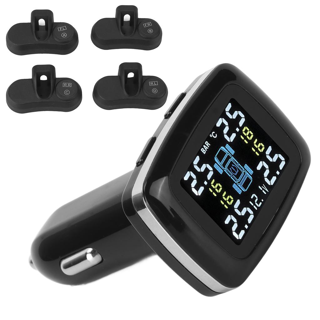 Smart TPMS Cigarette Lighter Tire Pressure Monitoring Alarm System with 4 Internal Sensors