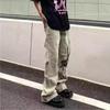 Heren Gewassen Verweerd Slim Fit Uitlopende Jeans Met Vlammenprint Middelhoge Lange Broek Casual Kleding