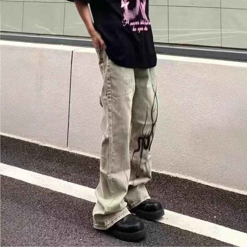 Heren Gewassen Verweerd Slim Fit Uitlopende Jeans Met Vlammenprint Middelhoge Lange Broek Casual Kleding