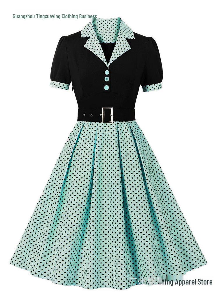 Stippen Revers Korte Mouwen Met Riem Afslankende Jurk voor Dames - Lente/Zomer Mode