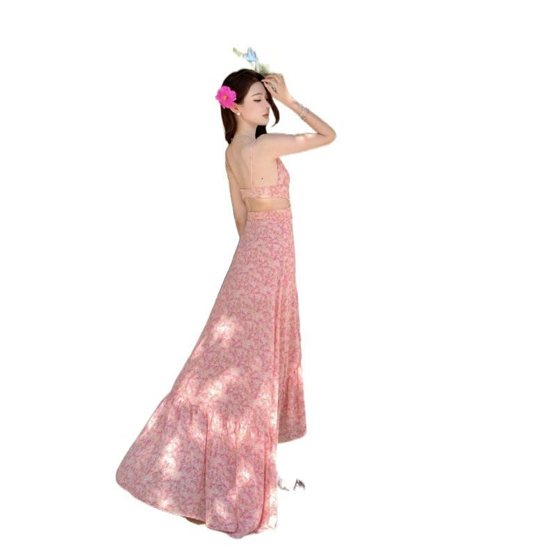 Super Fairy Temperament Pink Floral Suspender Dress Women's Spring New Chiffon Splicing Dress Vacation Skirt