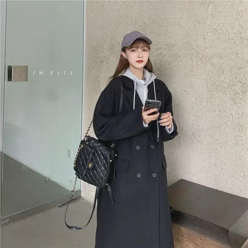 2024 Winter Thickened Woolen Coat: Korean-Style, Loose Fit, Mid-Length, Spliced, Hooded Design for Women