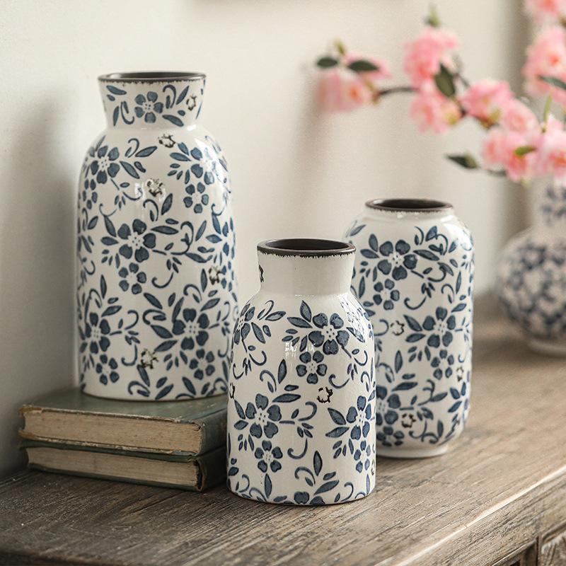 French-Chinese Ice Crackle Blue & White Ceramic Vase: Entrance & Living Room Decor