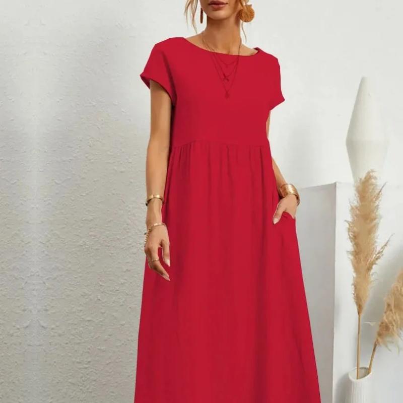 Women's Elegant Solid Color Dress Summer Short Sleeve O-Neck Vintage Harajuku Cotton Linen Comfortable Loose Pocket Long Dress