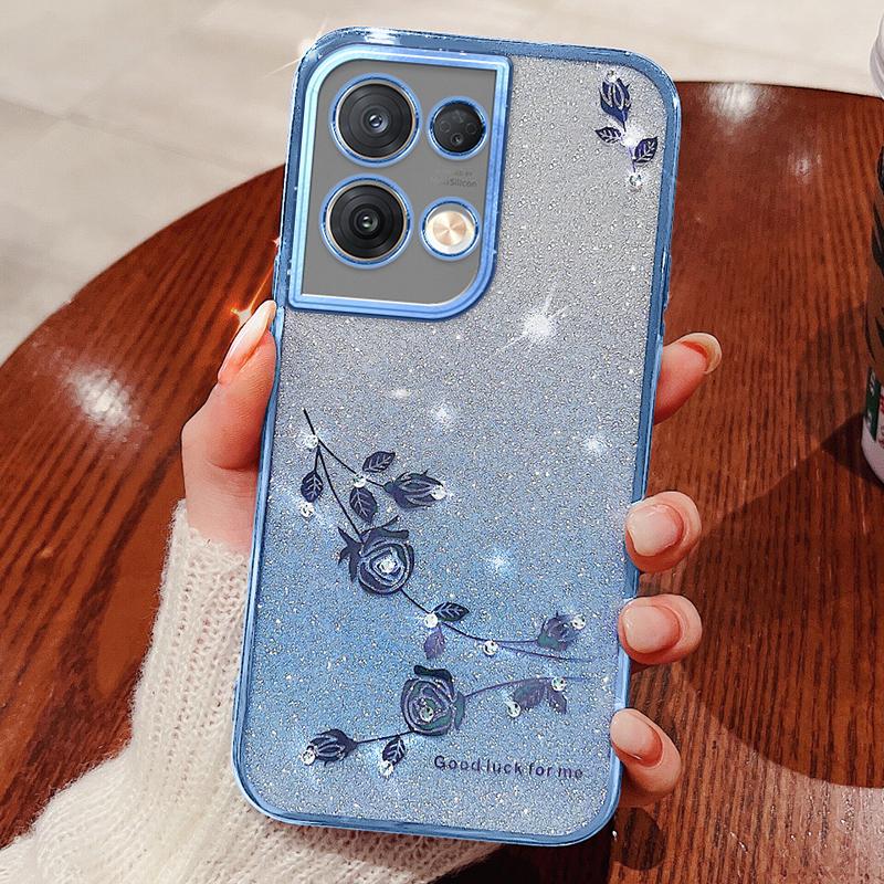 

KADEM For Oppo Reno8 5G (Global Version) Rhinestone Decor Flower Pattern Phone Case Gradient Color Glitter Powder Anti-drop TPU Cover Blue