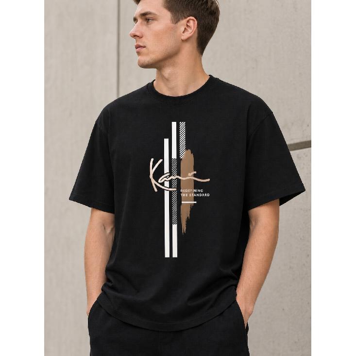 Men s relaxed fit black t-shirt with short sleeves, crew neck, soft cotton feel, abstract vertical stripe and script graphic design for casual S чёрный