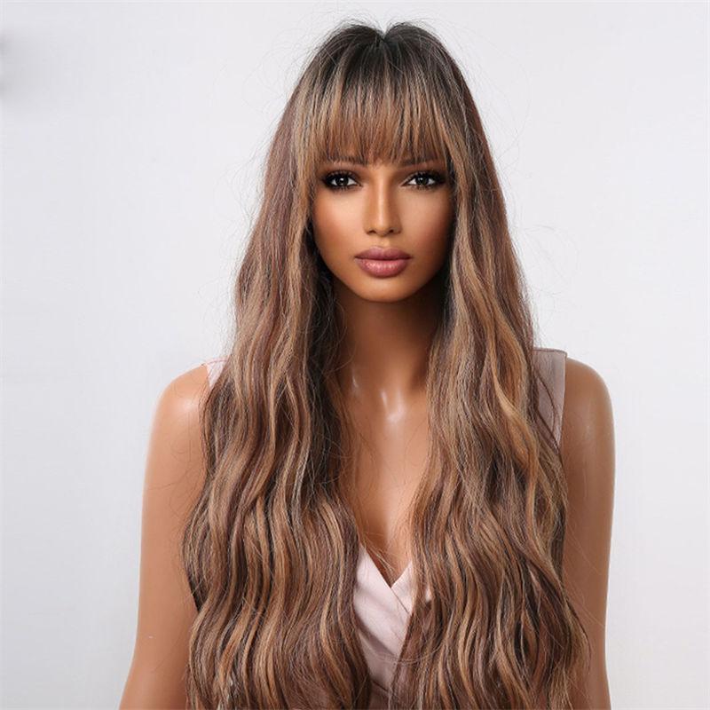 Straight Bangs Long Hair Curly Hair Gradient Brown Fluffy Natural Wig Women Water Ripple