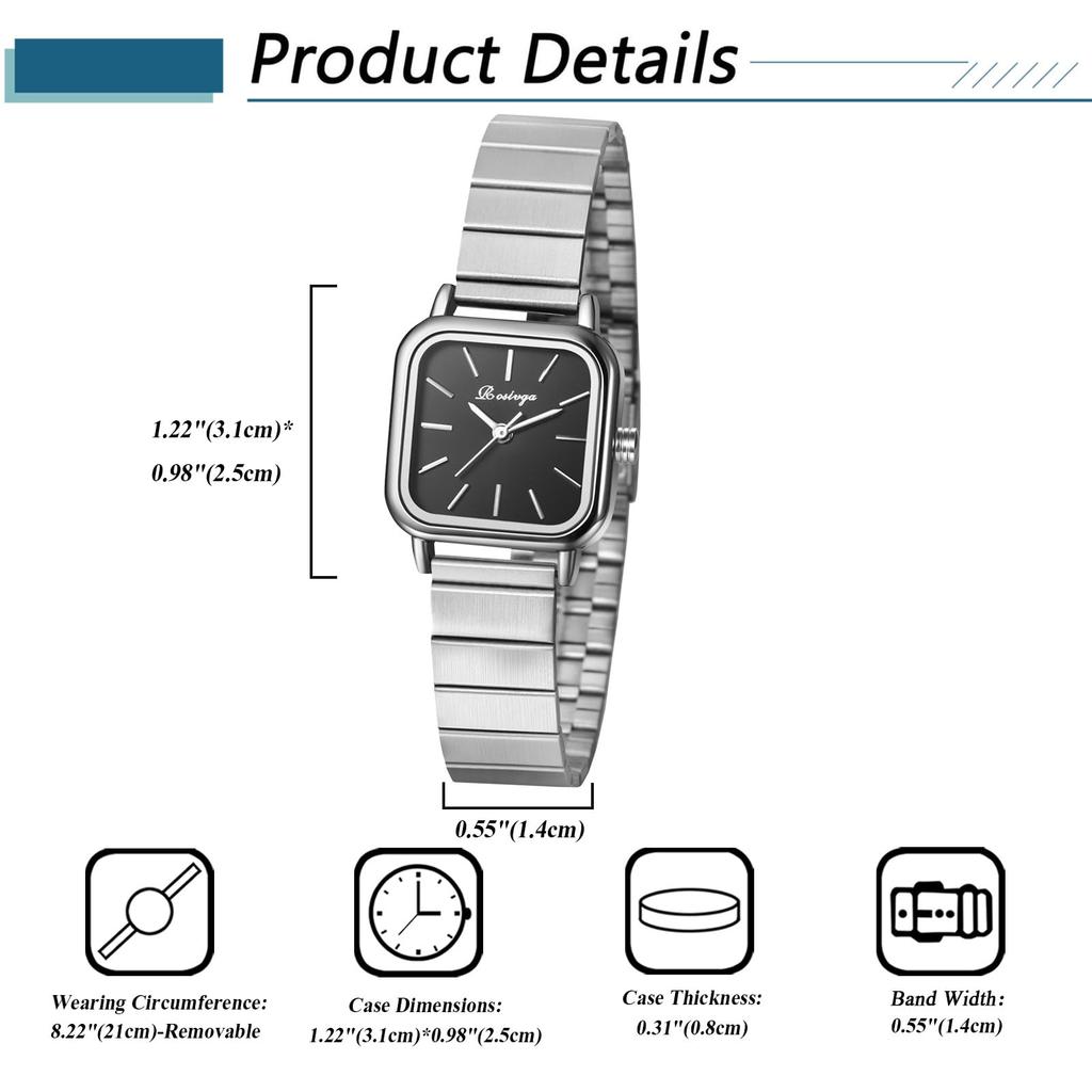Cute Square Stainless Steel Strap with Adjustable Quartz Fashion Watch Perfect for or as a Gift for Her Women's Watch, Waterproof Length, Movement, -
