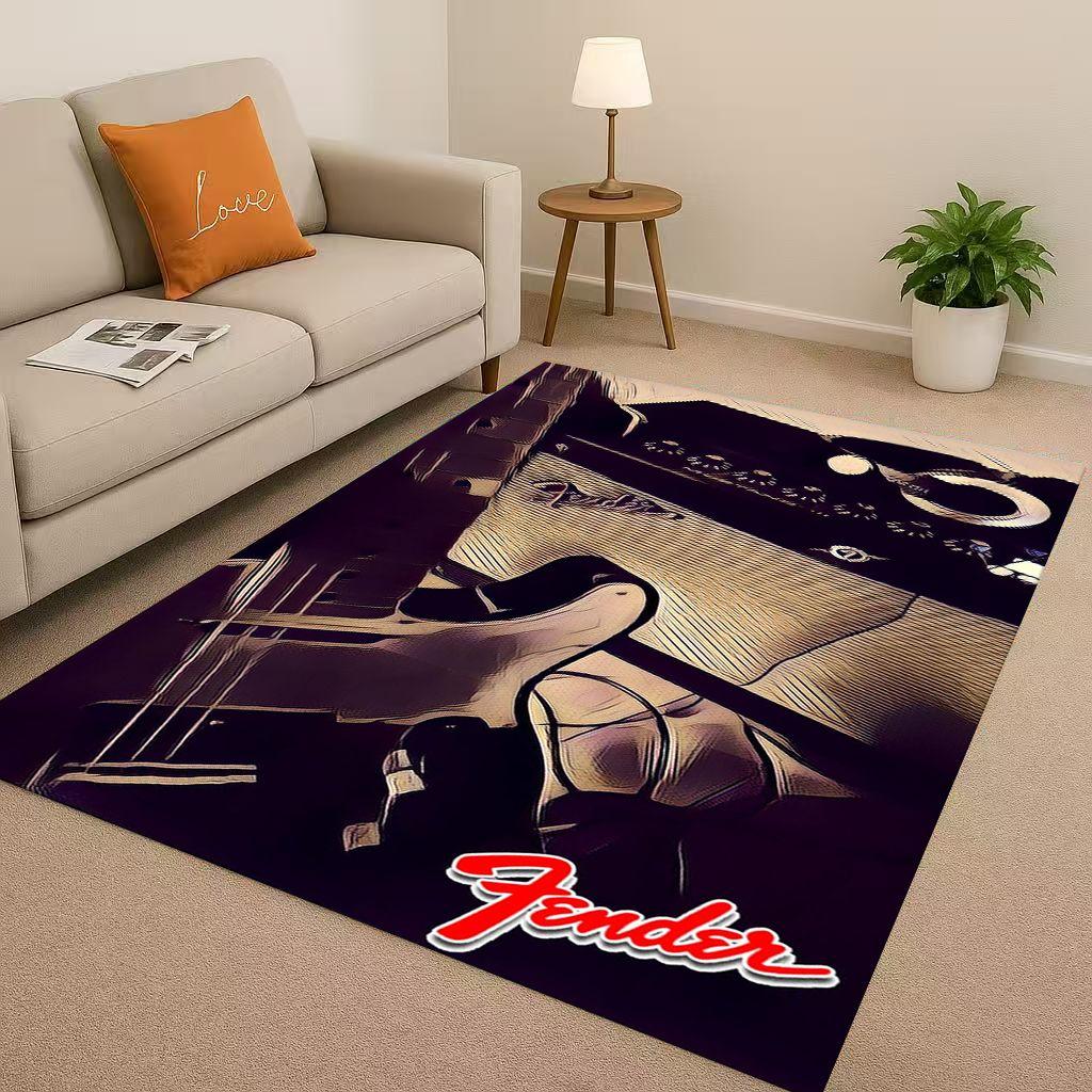 3D F Fender Guitar Musical Instrument Sign Living Room Non Slip Area Rug Carpet for Bedroom Sofa,Easy Clean Home Decor Doormat