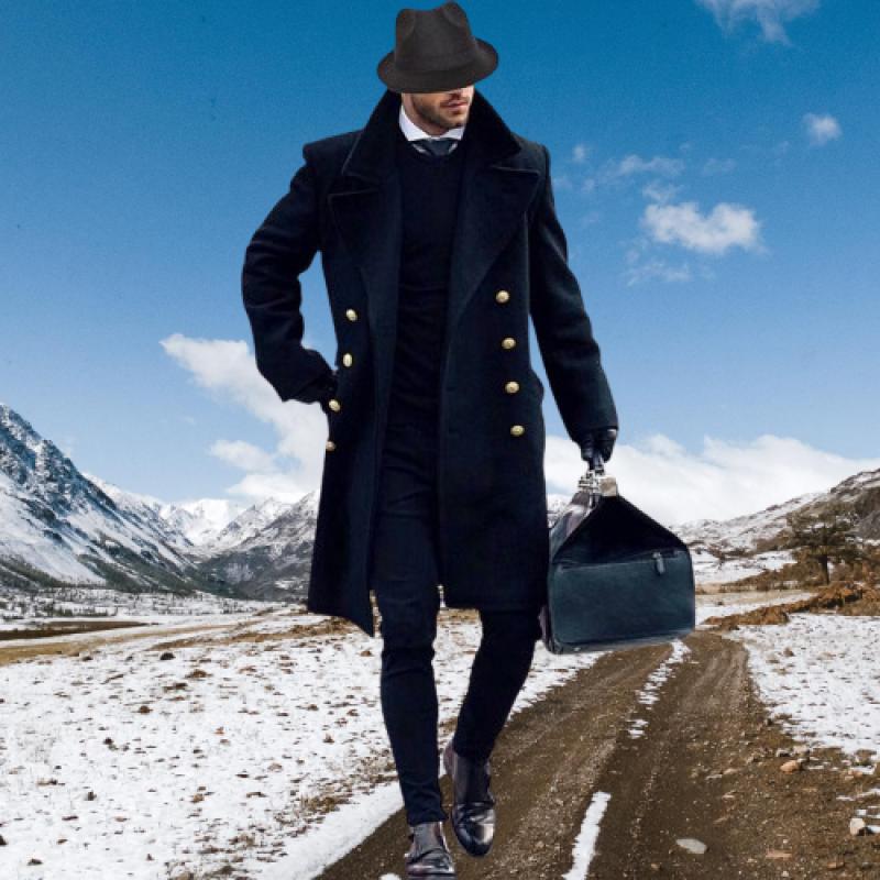 Hombres Otoño Invierno Abrigo Doble Botonadura Cuello Vuelto Color Sólido Grueso Longitud Media Cálida Ropa De Calle Con Bolsillos Cárdigan Hombres Gabardina