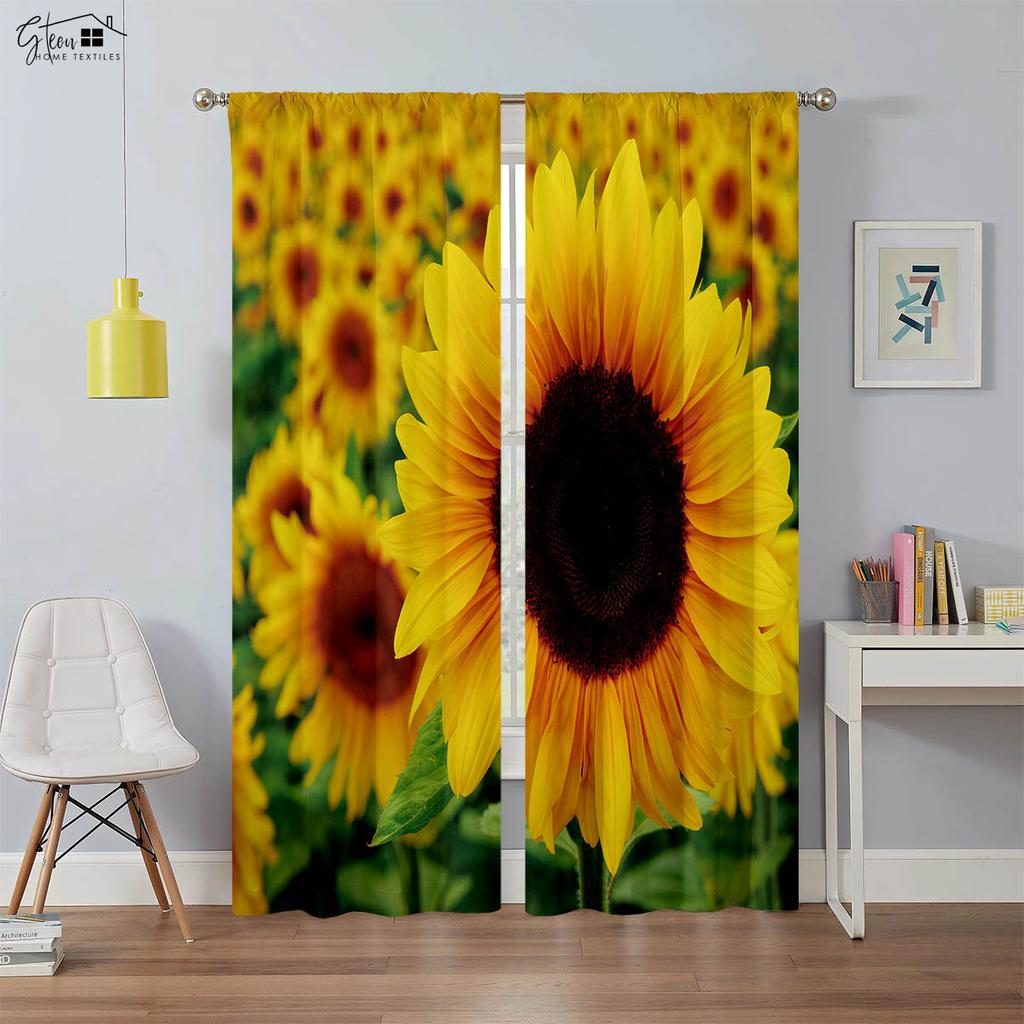 Vorhänge mit Sonnenblumendruck, Retro-Blumenmuster, geeignet für Schlafzimmer, Wohnzimmer, Balkon, dekorative Vorhänge, 2 Stück