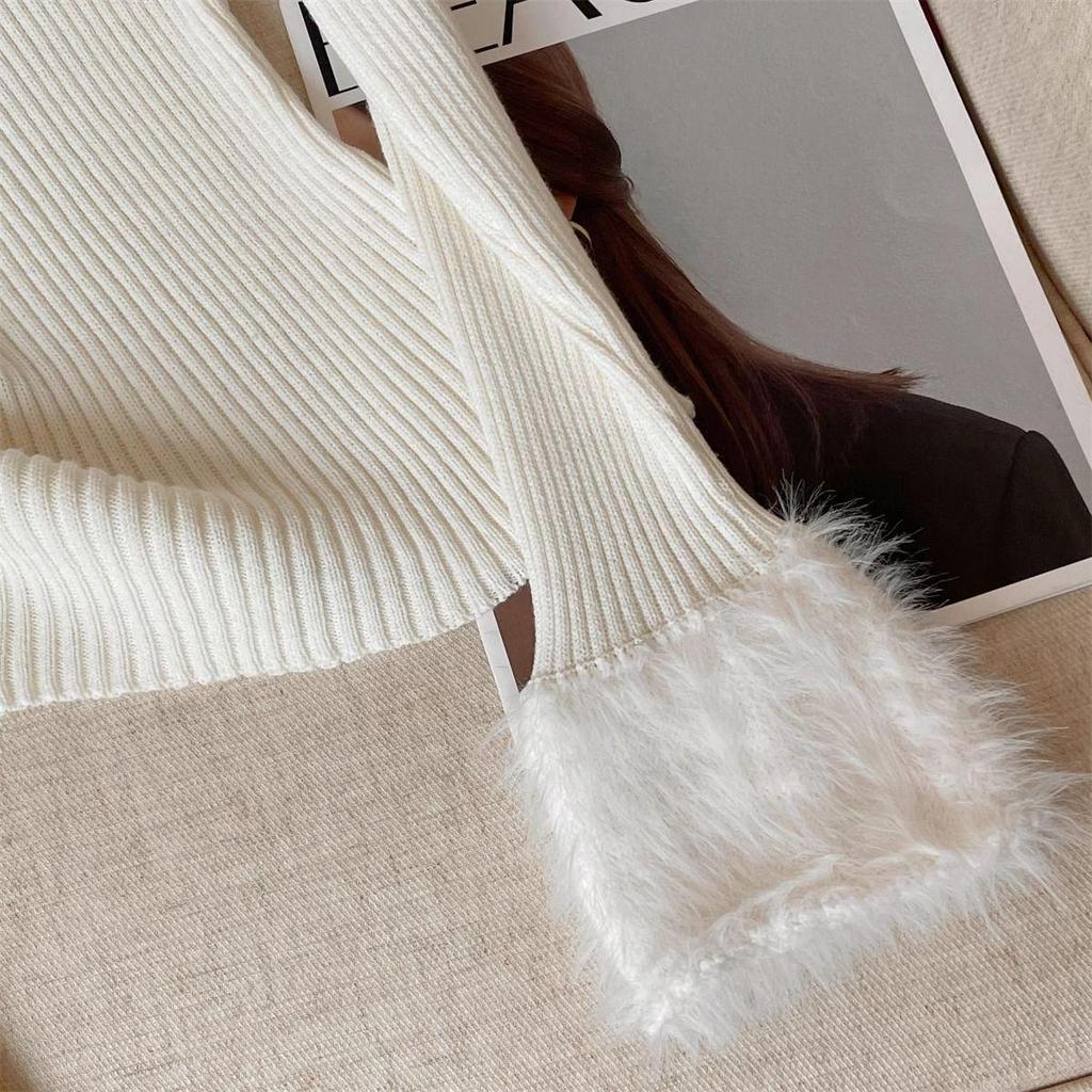Chic French One-Shoulder Flare Sleeve Sweater Camisole for Women - Slim Fit Fuzzy Autumn/Winter Base Layer.